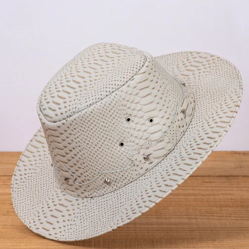 Chapéu Country em Couro Legítimo Branco Texturizado Estilo Exotic