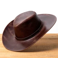 Chapéu Country Western em Couro Legítimo com Aba Larga e Copa Alta