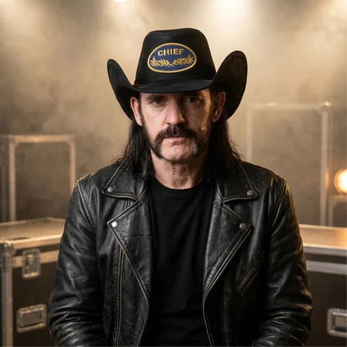 Chapéu Lemmy Kilmister em Couro Nobuck Preto RO-309