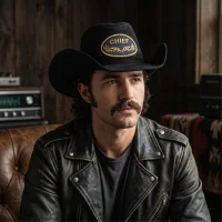Chapéu Lemmy Kilmister em Couro Nobuck Preto RO-309